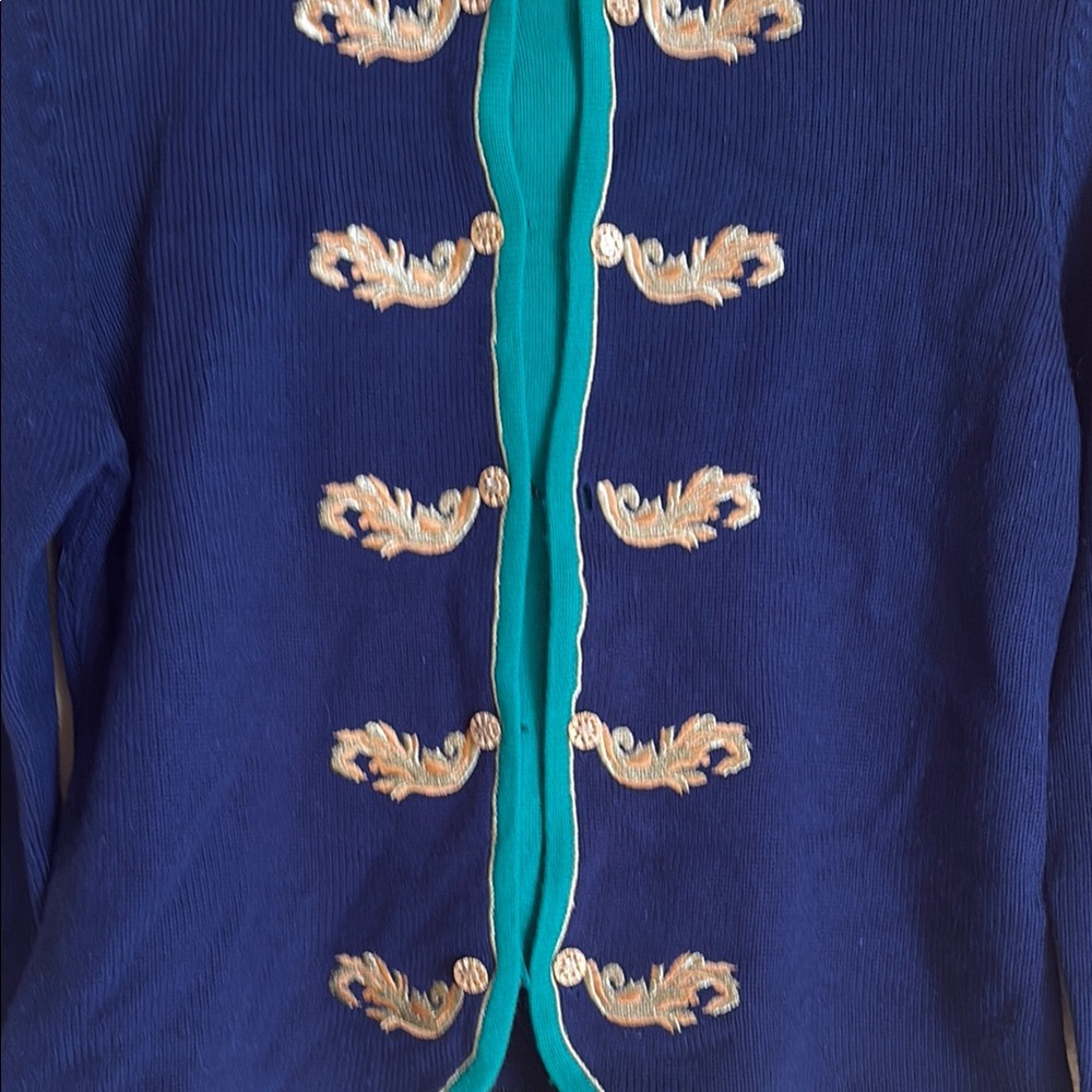 Vintage Susan Bristol Navy and Green Embroidered Cardigan Sweater size Large - Picture 3 of 8